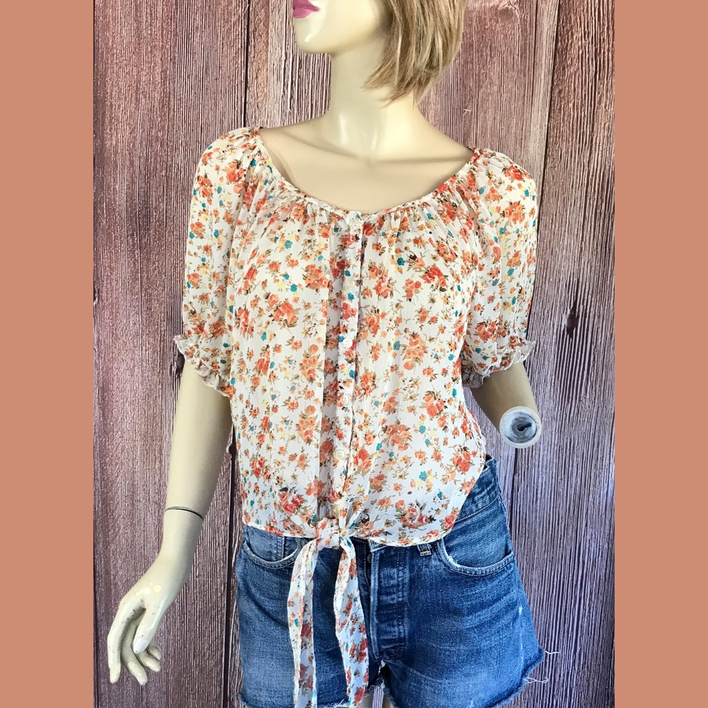 Poetry Semi-sheer Floral Button Up Blouse M
